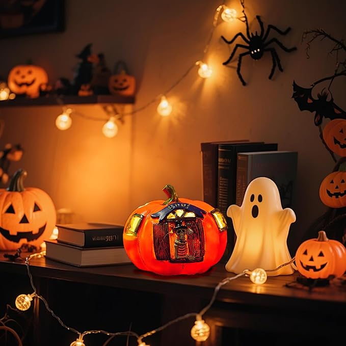 Halloween Skull Pumpkin LED Lantern - Light Up Decorations for Indoor Outdoor, Spooky-Pumpkin with Skeleton Design, Vintage Style Decor for Party, Porch, Tabletops, Mantles, Windowsills, Gardens