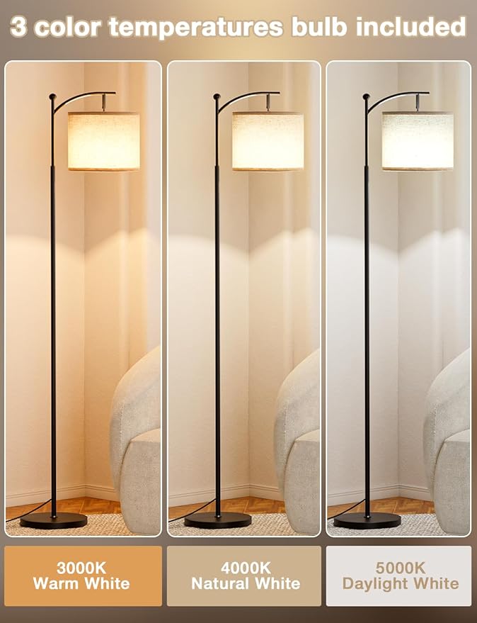 Ambimall 60" Floor Lamps for Living Room with 3 Color Temperatures, Standing Lamp Tall with Adjustable Linen Shade, Tall Lamps for Living Room Bedroom Office Classroom Dorm Room(9W Bulb Included)