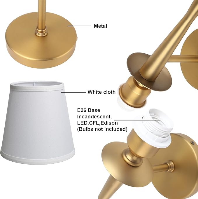 Yosoan Brass Gold Retro Boho White Fabric Wall Sconce Set of 2, Vintage Industrial Antique Indoor Hardwired Champagne Bronze Flared Fabric Shade for Bedroom Hallway Living Room