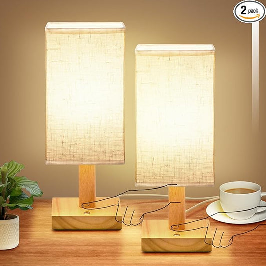 Small Corded Touch Square Table Lamp Set of 2 with Stepless Dimming, Natural Wood Base & Linen Fabric Shade, 5W Ambient Night Light for Bedroom, Bedside, Nightstand, Living Room, Nursery