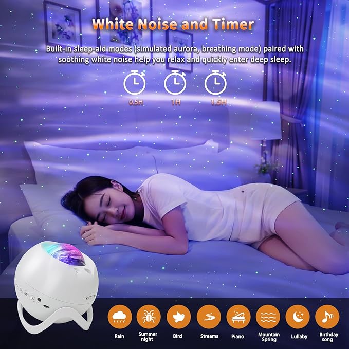 Star Projector Galaxy Projector for Bedroom, White Noise Bluetooth Speaker Northern Lights Projector, Suitable Gaming, Home Theater, Adult, Christmas Mood Night Light