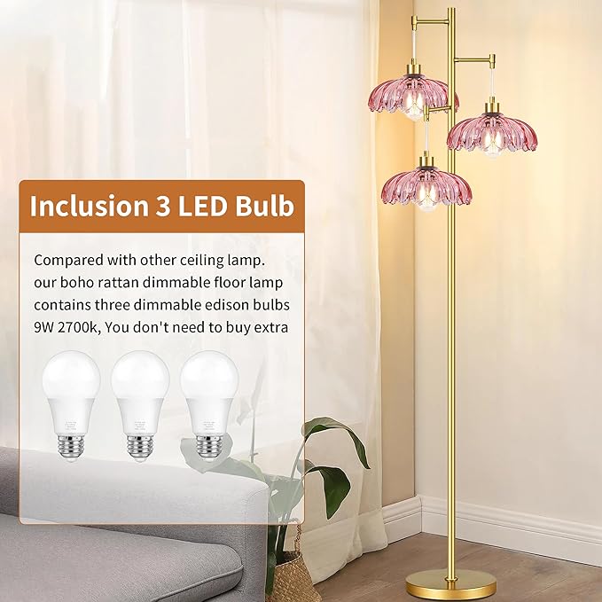 Pink Floor Lamp for Living Room,Bedroom,Gold Mid Century Modern Standing Lamp Brass Tree 3 Light Tall Floor Lamps Glass Floor Lights Flower Lamp Shade Girls Kids Boho Bohemian