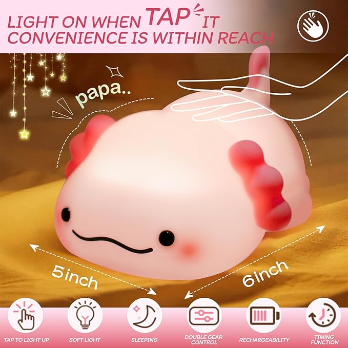 Axolotl Night Light for Kids - 3-Level Dimmable Silicone Lamp, USB-C Rechargeable Nursery Light with Auto-Off Timer for Bedroom & Breastfeeding (Squishy Animal)