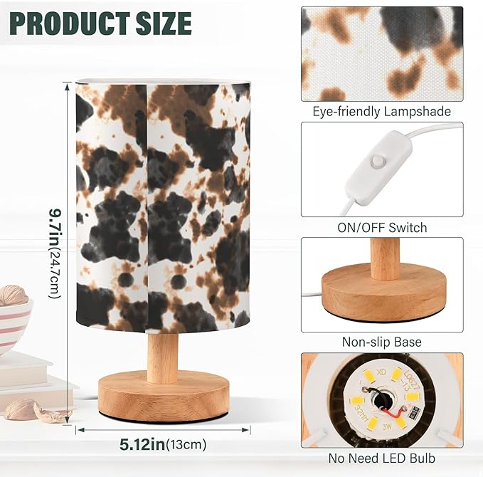 Bedside Table Lamp Cow Tie Dye Print Nightstand Lamp with Wood White Black Brown Animal Skin Desk Lamps for Bedroom Living Room Nursery Office Home Decor