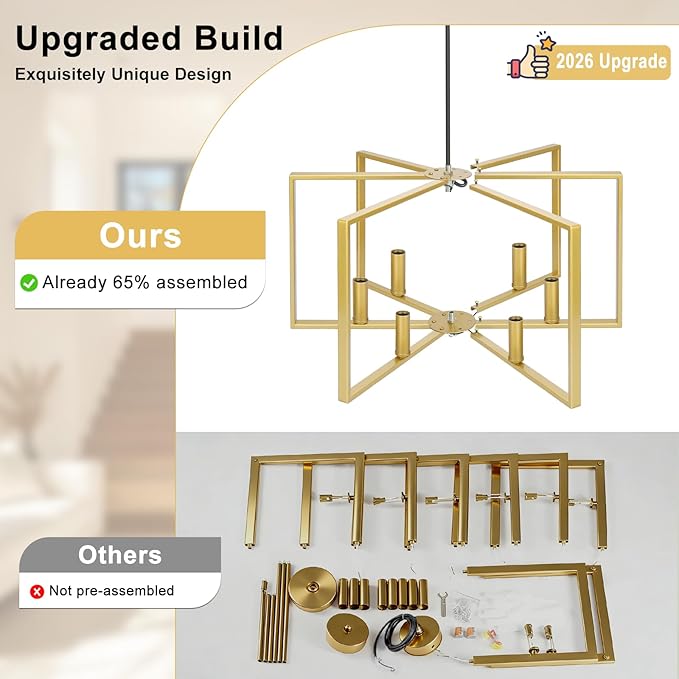 6 Light Gold Chandelier, Dining Room Light Fixture, Modern Farmhouse Industrial Metal Geometric Ceiling Light Rustic Hanging Pendant Lights with E12 base for Kitchen Island Entryway Foyer, Indoor
