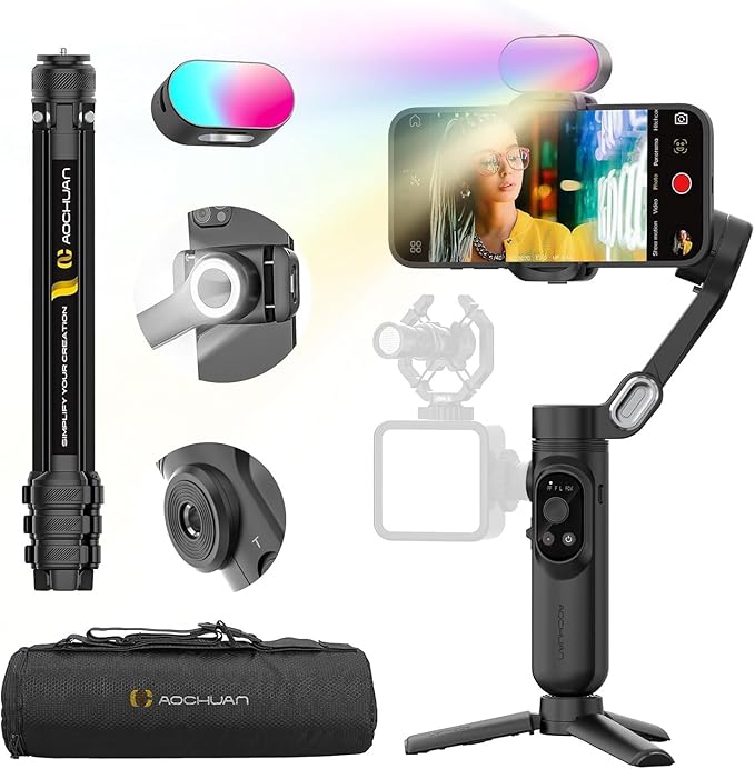 AOCHUAN 3-Axis Gimbal Stabilizer for iPhone & Android w/RGB Light, Handheld Phone Gimbal for Video Recording w/AI Tracking,1/4 Thread, Extendable Tripod, Padded Carry Bag(Smart X Complete Combo1)