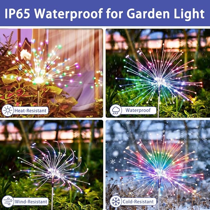 Solar Firework Lights for Outside, 8 Modes RGB Color Changing Fireworks Solar Fairy Light Outdoor for Garden Yard Patio Pathway Wedding Christmas Diwali Easter Party Decor Multicolor(4 Pack)