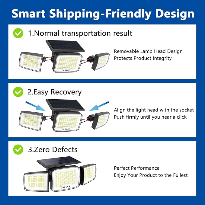 Solar Security Light Outdoor Super Bright LED, Motion Sensor Flood Light, 3 Heads 270° Wide Angle,Remote Control, IP65 Waterproof, 3 Modes (3 Packs)