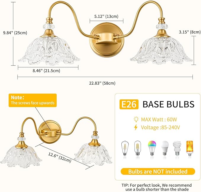 Gold Bathroom Vanity Light, 2-Light Brushed Gold Finish Vanity Light with Floral Clear Glass Shades, Retro Wall Mount Lighting for Bathroom, Dressing Table