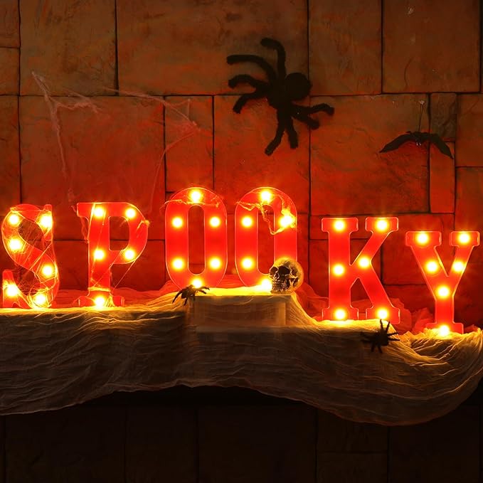 6 Pcs Halloween Decorations LED Spooky Signs Marquee Light up Letters for Table Wall Hanging Red Spooky Letters Lights Halloween Party Supplies for Porch Mantel Bedroom Tabletop