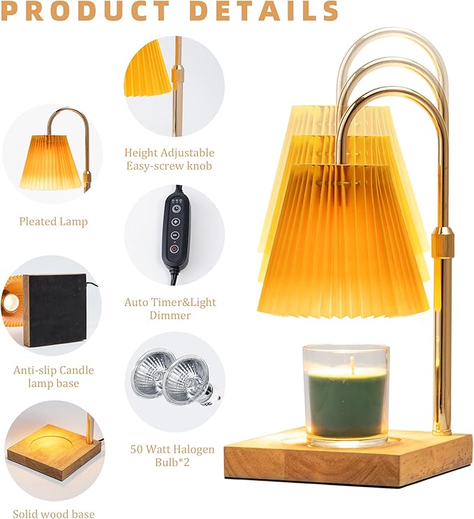 Candle Warmer Lamp with Timer Dimmable,Wax Warmer Lamp with Pleated lampshade,Height Adjustable Candle Warmer with 2 Bulbs,Gifts for Women Mom,House Warming Gifts New Home Bedroom Decor