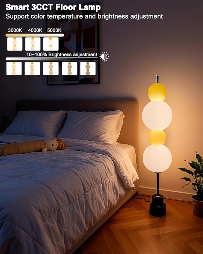 Yellow Globe Floor Lamp - Metal, Gold - 3 CCT (3000K/4000K/5000K) Dimmable LED, Touch Switch, Modern Tall Standing Lamp for Bedroom, Living Room, Home Office