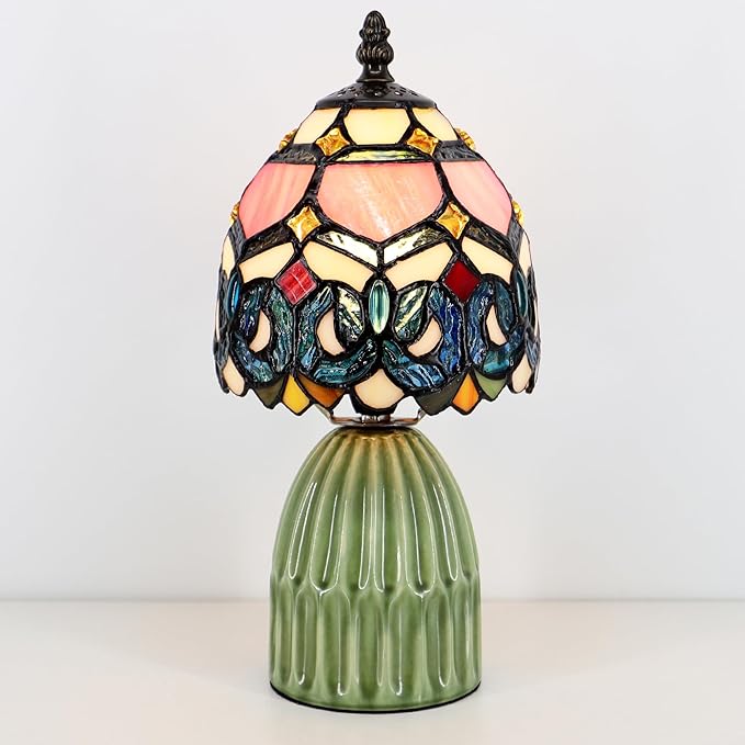 Tiffany Lamp Stained Glass Mushroom Table Lamps 6X6X12.5 Inch Pink Jewelry Baroque Style Small Night Light Ceramic Base Mini Accent Desk Light Suitable for Bedside Table Bedroom Children Room