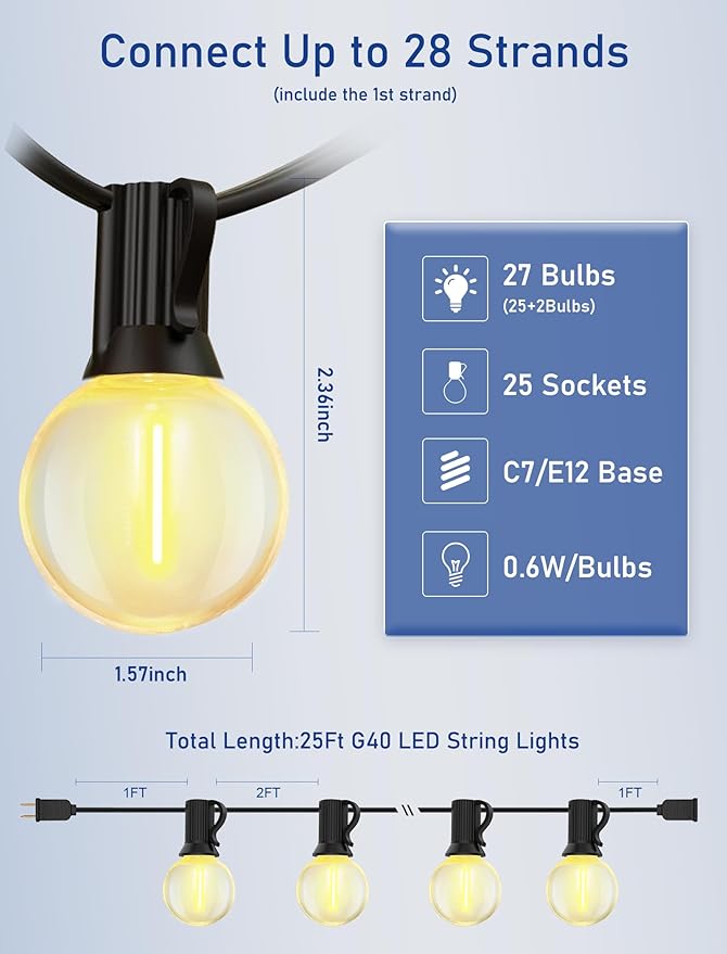 Abeja 50FT Globe Led Outdoor String Lights, Shatterproof Outdoor Patio String Lights with with 25 +2 LED Plastic Clear Bulbs, Hanging Bistro Light Waterproof for Café Bistro Pergola Tents-Black Wire
