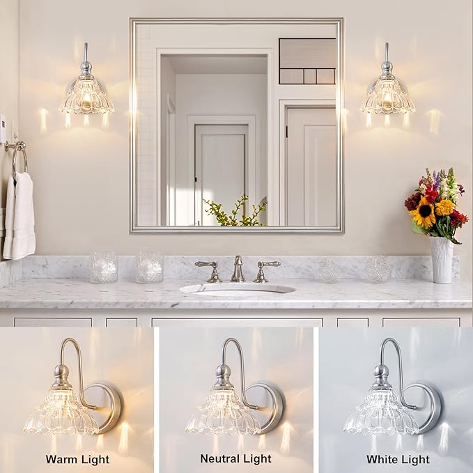 Vintage Bathroom Light Fixtures Over Mirror, 1-Light Brushed Nickel Wall Sconce Lighting with Flower Glass Shade, Farmhouse Vanity Lights for Bedroom Kitchen Living Room Hallway Light