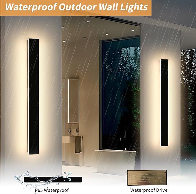 Mikeru 3CCT Dimmable Outdoor Wall Sconce 47.2" IP65 Waterproof -2Pack Modern Black Exterior Light with Remote Control, Adjustable 3000K/4500K/6000K for Porch, Patio & Commercial Spaces | Hardwired