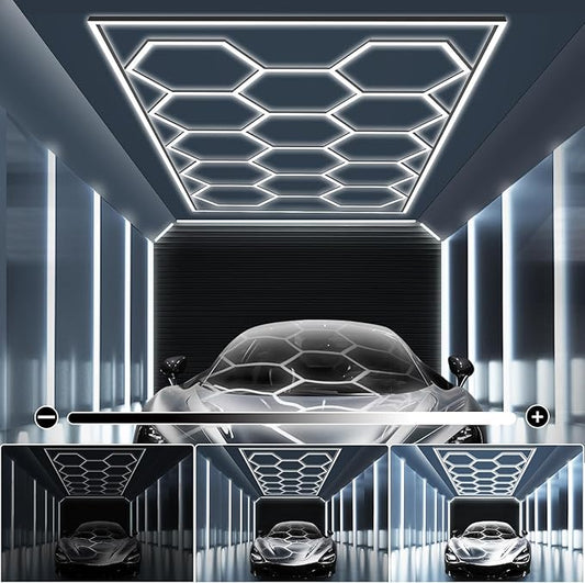 MODERN Hexagon Garage Light: Upgraded 3 Level Dimmable Hexagon Led Garage Light with Rectangle Frame 86400 Lumens 6500K for Garage, Basement, Warehouse, Auto Beauty Shop, Car Detailing Shop etc.