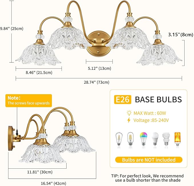 Vintage Matte Brass Finish Bathroom Vanity Light, 4-Light Vanity Light with Floral Glass Shades, Retro Wall Mount Lighting for Bathroom, Dressing Table