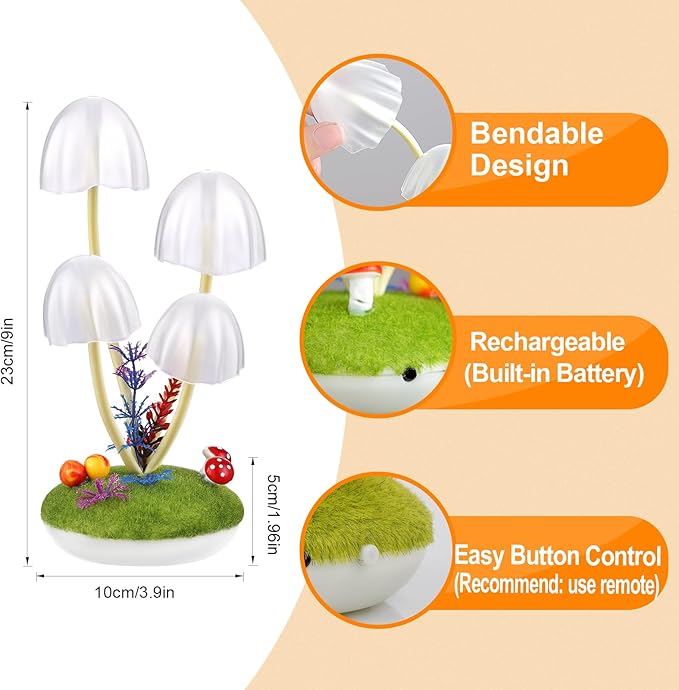 Mushroom Lamp Cute Night Light, Rechargeable Mushroom Decor Small Table Lamps, Dual-Colors Bedside Lights with Dimmable Remote & Timer, Gift for Kids Teen Girls Bedroom