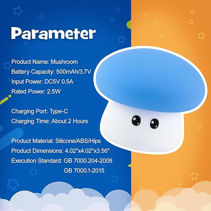 Squishy Big Eyes Mushroom Night Light with RGB Mode 3 Brightness Adjustable Nursery Breastfeeding Nightlight Cute LED Blue Mushroom Lamp Rechargeable Silicone Touch Bedside Lamp for Bedroom Dorm Decor