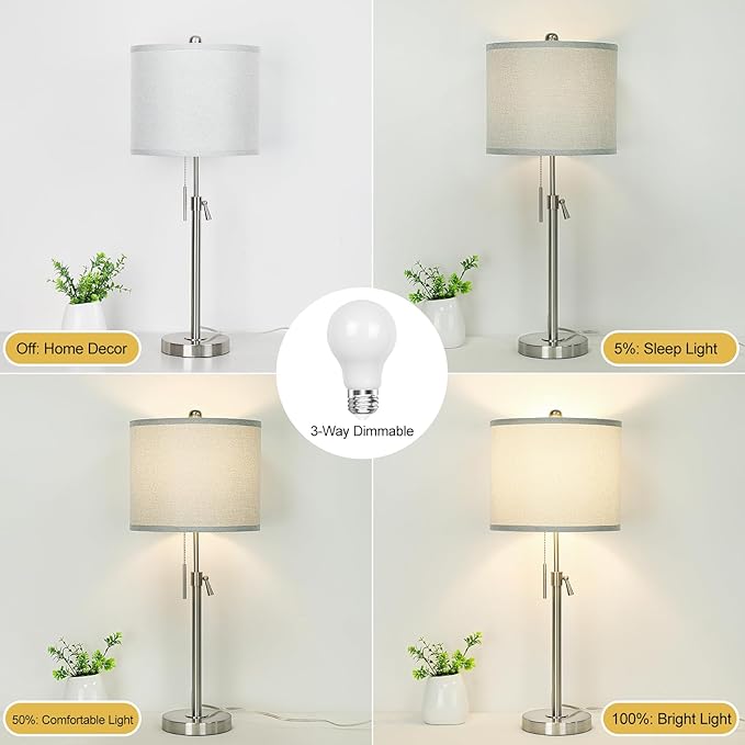 Brushed Nickel Table Lamps Set of 2: 22" to 30" Height Adjustable Nightstand Lamps with Grey Linen Shade Pull Chain Switch Silver Pole Beside Lamp for Living Room Bedroom (Brushed Nickel,Grey Shade)