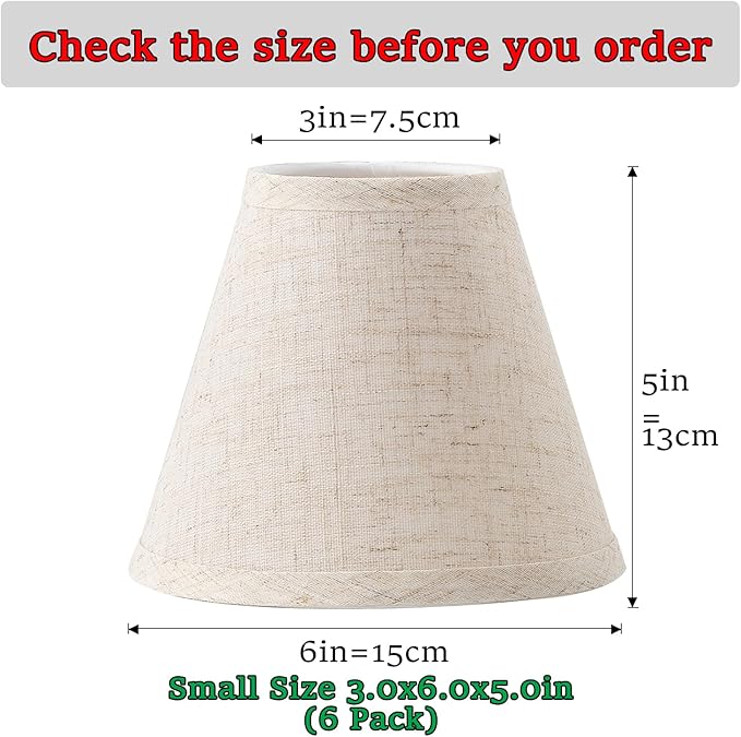 3" Top x 6" Bottom x 5" High Chandelier Shades, Beige 3.0x6.0x5.0 Inches Linen Fabric Lampshades, Perfect Covers for 6 Light Pendant Light or Wall Sconce, Clip On Bulb, E12 Socket(Small Size, 6 Pack)
