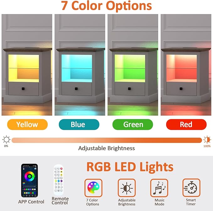 Rresyet White End Table Set of 2, Living Room Side Tables with LED Lights & Charging Station & Adjustable Shelf, Storage End Tables with Drawer, Bedroom Nightstands