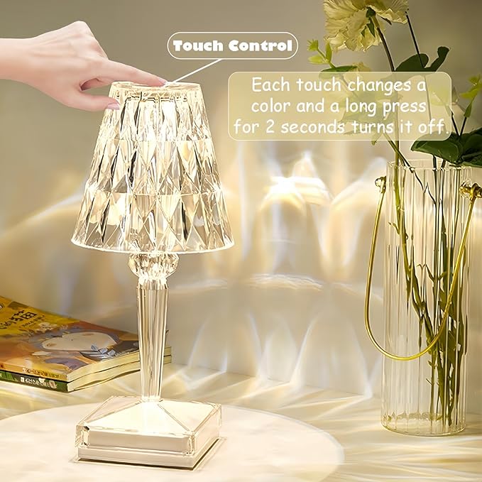 Crystal Cordless Lamp, Touch Dimmable 3 Color LED Rechargeable Romantic Small Lamp, Battery Operated Decor Night Light for Bedroom, Living Room, Party, Dinner, Bar