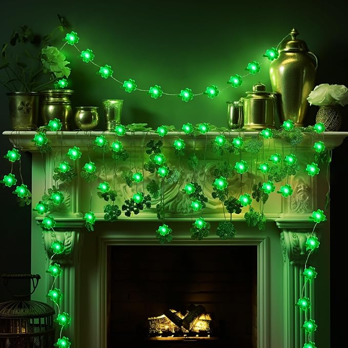 Coquimbo St Patricks Day Decorations String Lights, 10FT 30LED Green Shamrock String Lights Battery Operated Fairy Lucky Clover Lights for Indoor Bedroom Party Feast of St. Patrick's Day Decorations