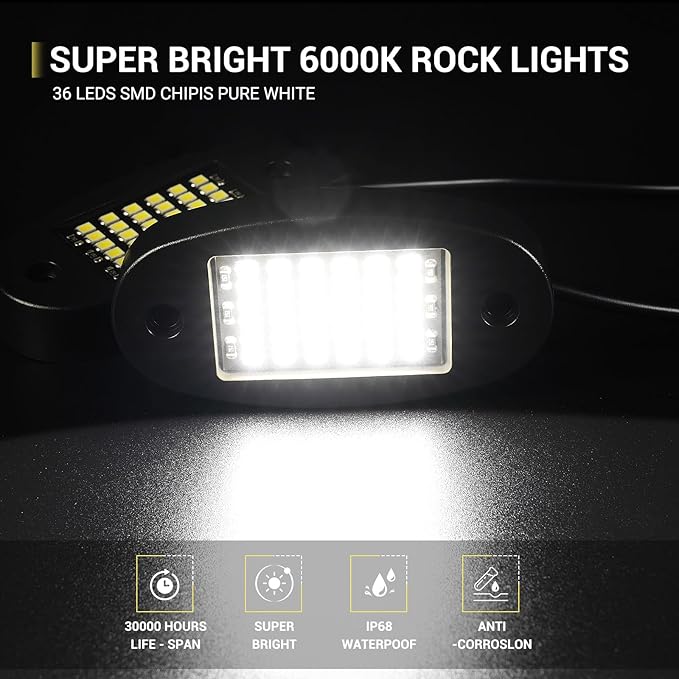 8 Pods White Rock Lights 6000K Pure White 36 LEDs SMD Chips Super Bright Neon Underglow Light IP68 Waterproof for Pickup Trucks SUV UTV ATV RZR Car Boats (White)