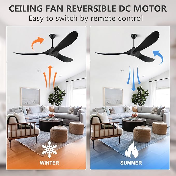 60 Inch Ceiling Fans Without Light, Solid Wood Ceiling Fan with Remote Control and Quiet DC Motor, Ceiling Fan no Light 3 Blades, Outdoor Ceiling Fans for Patios without Lights Matte Black