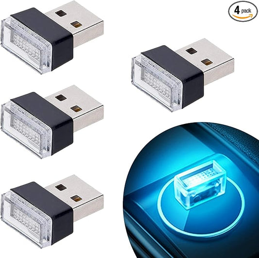 Febrytold 4Pcs Ice Blue USB Car Interior Atmosphere Lamps, Universal Mini Led USB Lights for Car Decoration, Lighting