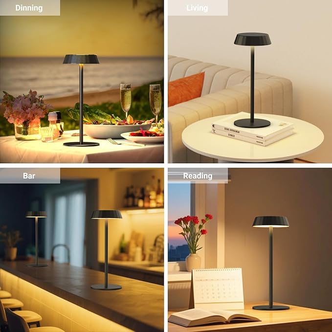 EppieBasic Cordless Table Lamp, Cordless Rechargeable Table Lamp Black 2 Pack Portable & Minimalist Design-Battery Powered, 3 Colors Stepless Dimming Metal Touch Lamps for Living Room, Dining, Desk