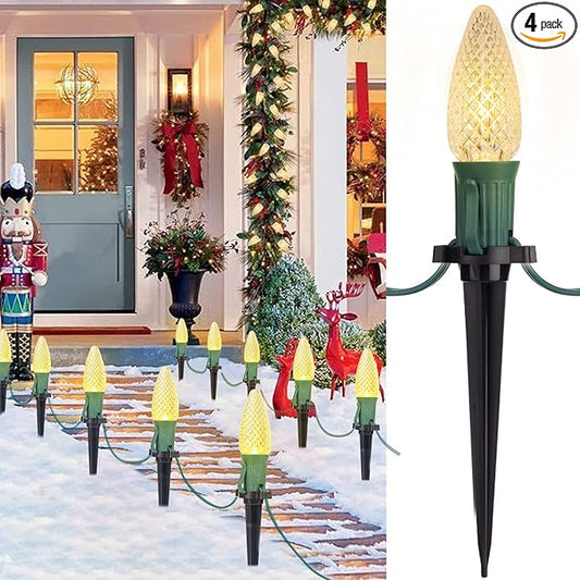 C9 Christmas Pathway Lights Outdoor, 25.7 Feet 20 LED C9 Strawberry Walkway Lights with Marker Stakes, Connectable Shatterproof C9 String Lights for Lane Outside Yard Decorations, Warm White, 4 Pack