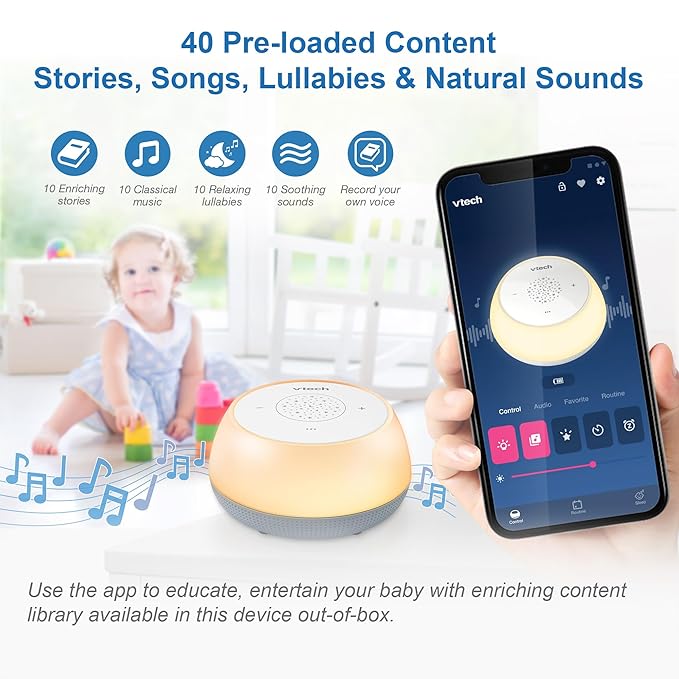 VTech BC8213 V-Hush Junior Sleep Training Soother with 40 Stories, Songs & Sounds - Record Your Own Voice, Portable Bluetooth Speaker, Multi-Color Night Light & Ceiling Projector