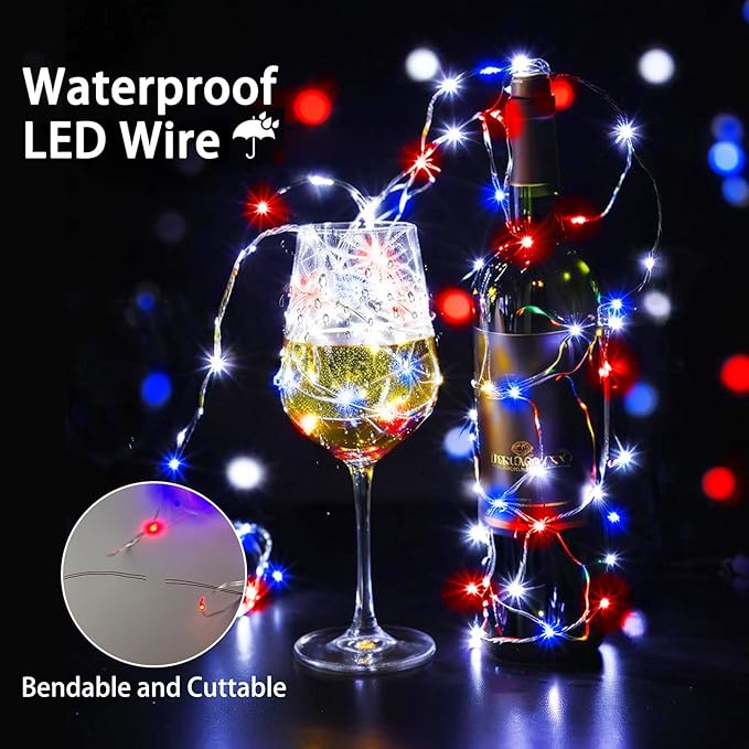 4th of July Decoration Lights, 3 Pack Red White and Blue Fairy Lights Battery Operated with Timer & Remote, Waterproof Patriotic Light Indoor Outdoor 8 Modes for Independence Day Memorial Day Decor