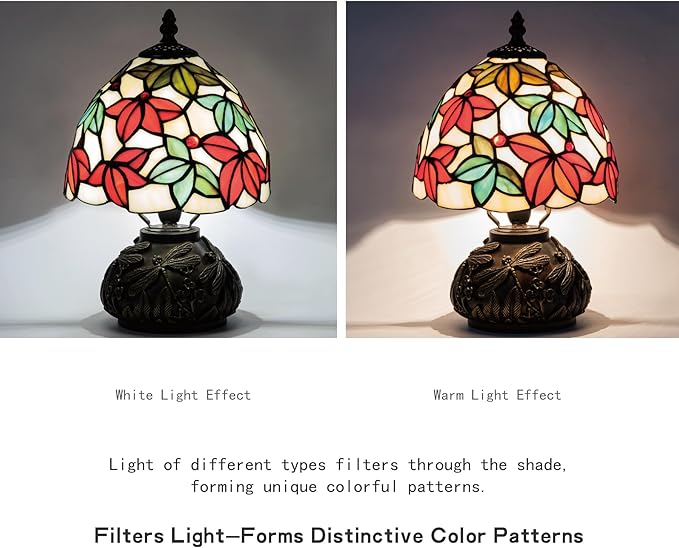 Tiffany Style Stained Glass Mushroom Table Lamp 8" White Red Green Maple Leaf Floral Shade Nightstand Light for Bedroom Dorm Living Coffee Office Housewarming Gift (White Maple Leaf)