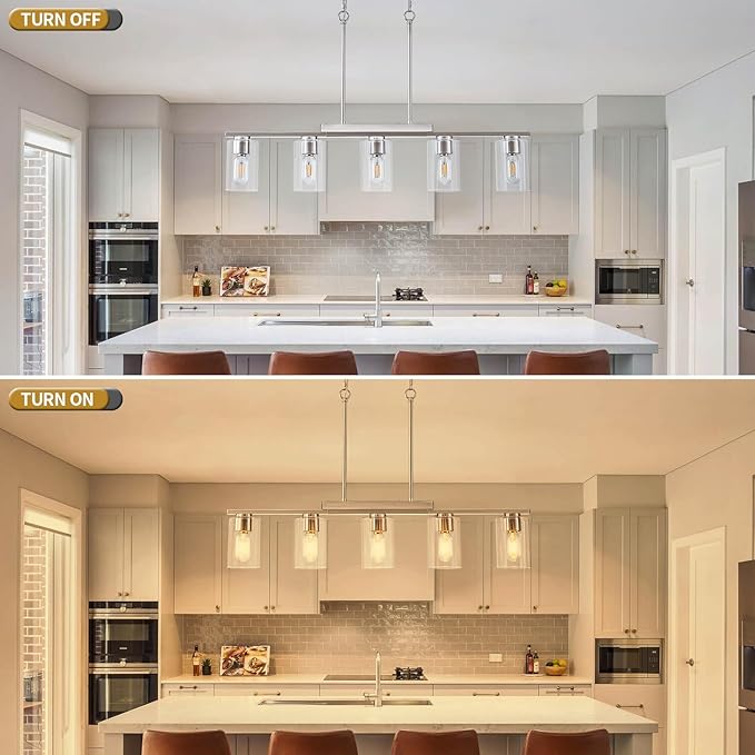WILON Kitchen Island Lighting, 5 Lights Nickel Sand Linear Chandeliers Modern Farmhouse Chandelier with Glass Shades for Kitchen Island Living Dining Room Foyer Bedroom(Brushed Nickel,5 Lights)
