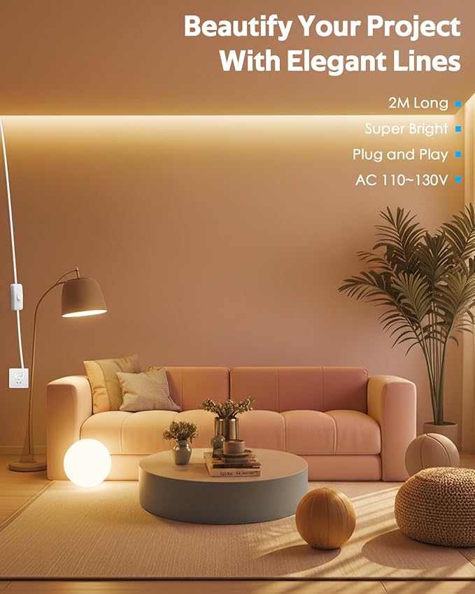 2M LED Strip Lights for Bedroom with Self-Adhesive AC 110V-120V Warm White 3000K Waterproof Outdoor Flexible LED Rope Light Super Bright Plug in With Switch 2835 120LED/M Tape Light for Home Decor