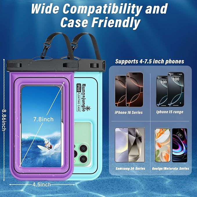 Waterproof Phone Pouch - 2 Pack IP68 Floating Waterproof Phone Case, Dry Bag Beach Cruise Essentials 2025 with Adjustable Lanyard for iPhone 16 Pro Max / 15 Pro/Galaxy S24 S23 (Blue & Purple)