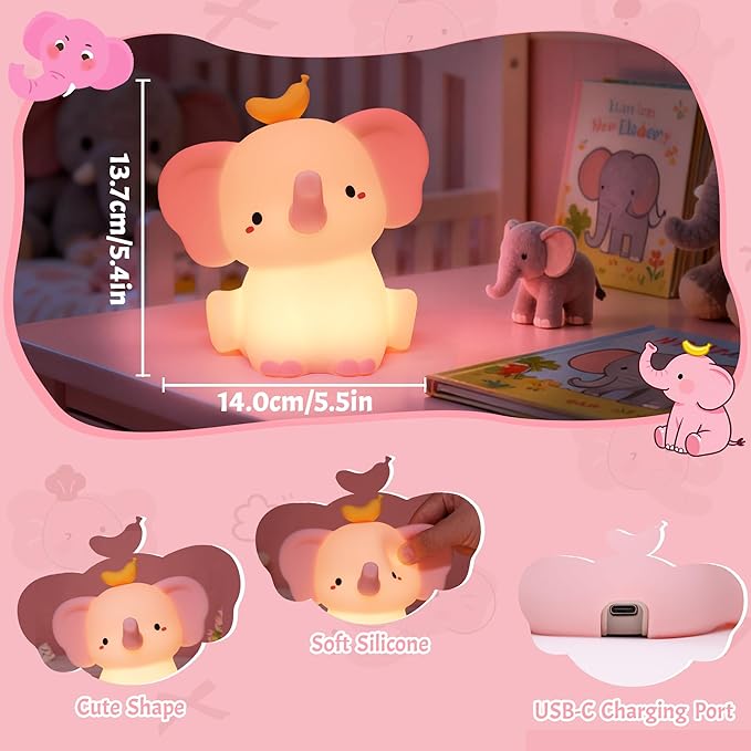 Pink Elephant Night Light, Cute Squishy Silicone Lamp, Dimmable Touch Control Elephant Gifts for Girls Daughter, LED Nursery Bedside Lamp for Girls Room Decor Birthday Xmas Gifts