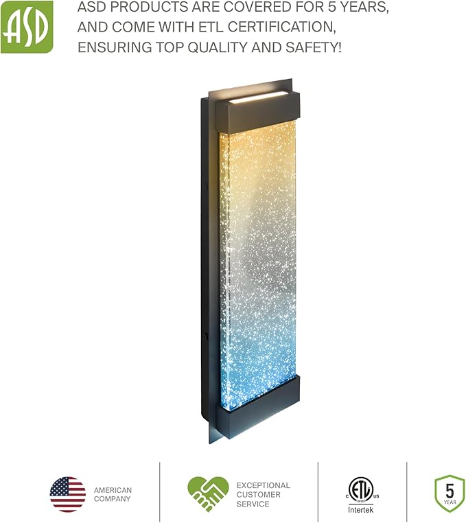 ASD LED 24" Bubble Glass Wall Light Fixture, Outdoor & Indoor Seeded Sconce | 3CCT, Waterproof, Dimmable, Up-Down Glow, ETL Listed | 22W 530LM 3000-5000K 100-277V | Exterior Porch Lighting | Black