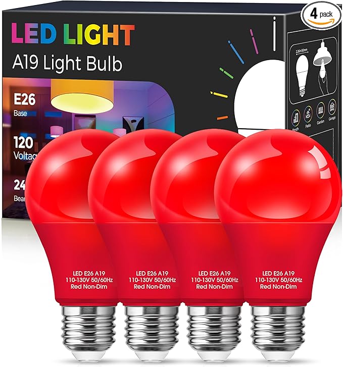 Fulighture Red Light Bulbs [ 4 Pack] Christmas Light Bulbs 9W (60W Equivalent) A19 LED Red Light Bulb Indoor/Outdoor, E26 Base Non-Dimmable,720LM Porch Light for Christmas Day Decorations