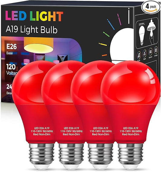 Fulighture Red Light Bulbs [ 4 Pack] Christmas Light Bulbs 9W (60W Equivalent) A19 LED Red Light Bulb Indoor/Outdoor, E26 Base Non-Dimmable,720LM Porch Light for Christmas Day Decorations