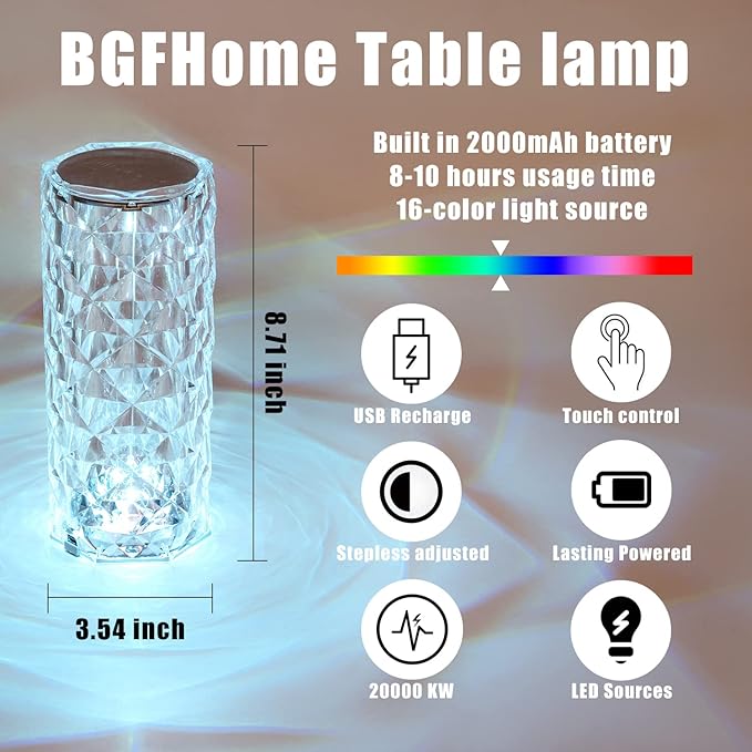 BGFHome Crystal Table Lamp RGB Color Changing Night Lights (2 Pack) Crystal Rose Diamond Touch Lamp for Bedroom Living Room Decor (Remote & Touch Control)