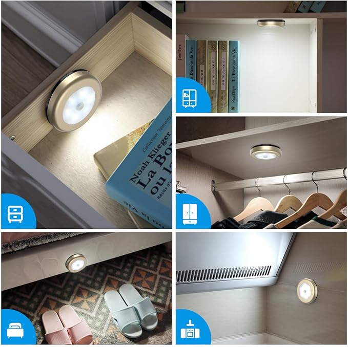 AMIR Upgraded 3.15” Motion Sensor Light Indoor, Cordless Battery Powered Stick on LED Night Lights for Closet, Stair, Under Cabinet, Hallway, Kitchen (Golden - White)