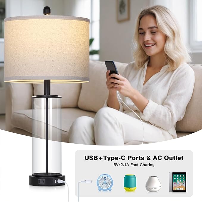 26" Glass Table Lamp Single, 3-Way Dimmable Touch Control Living Room Lamp with USB C+A Ports & AC Outlet, Modern Bedside Lamps, Bedroom Lamps for Nightstand Side End Table Desk, Black-1PK