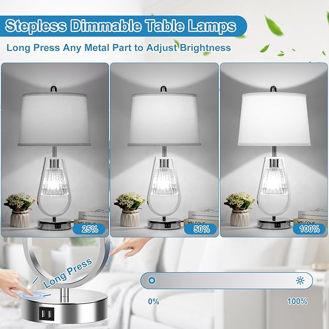 VerRon Table Lamp with Night Light Set of 2, Touch Control Bedside Lamps with 2 USB Ports, Dimmable Nightstand Lamps for Bedroom, Living Room Table Lamps with White Shade & 4 Bulbs, Brushed Nickel