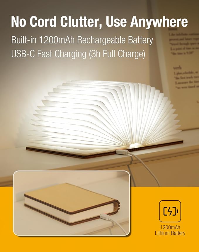 Wooden Book Lamp - Portable Folding LED Book Light for Reading, Unique Gift for Book Lovers, Magnetic Mood Lighting for Home&Library Decor (Maple)