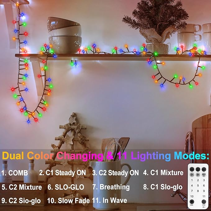 Dual Color Changing String Lights Battery, 2 Pack Total 20Ft 400 LED Cluster String Lights with Timer 11 Modes Firecracker Christmas Lights for Tree Garden Decor (Warm White & Multicolor)